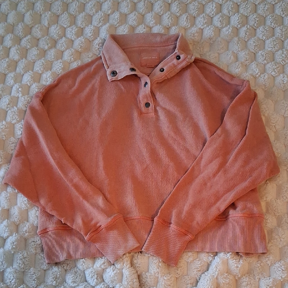 American Eagle Outfitters Coral Buttoned Crew Neck Sweater